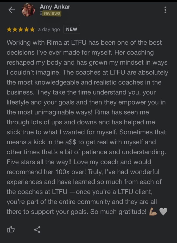 Client testimonial for Rima Kamra, women's fitness coach