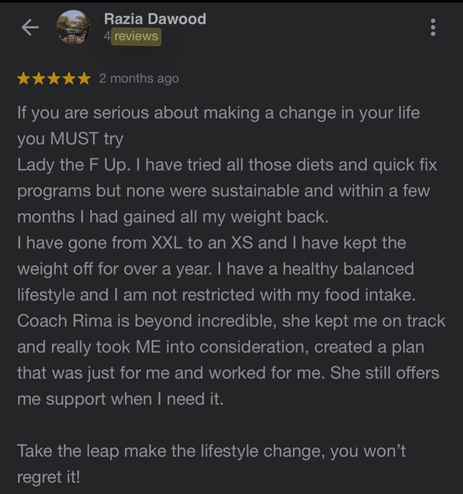 Client testimonial for Rima Kamra, women's fitness coach
