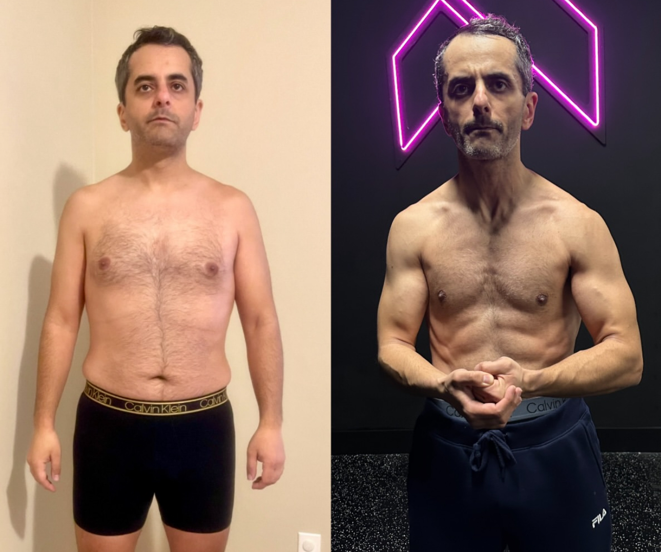 Before and after body composition transformation of a client coached by Keyvan Billou at Hammer Fitness