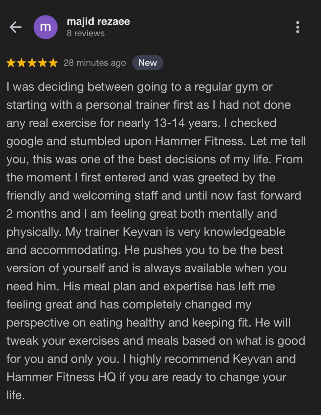Client feedback on one-on-one coaching with Keyvan Billou in Toronto