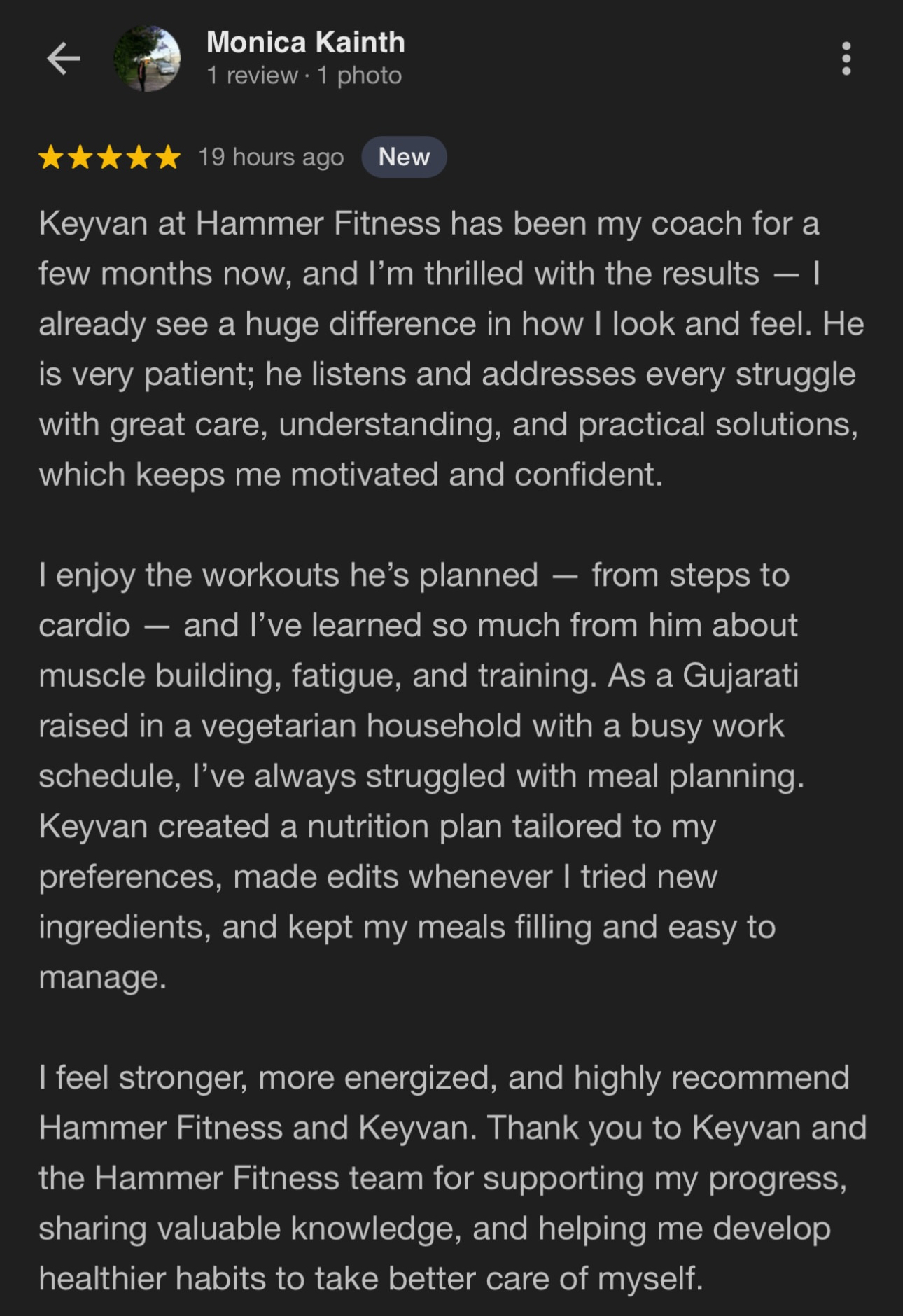 Message from a client coached by Keyvan Billou at Hammer Fitness, Scarborough