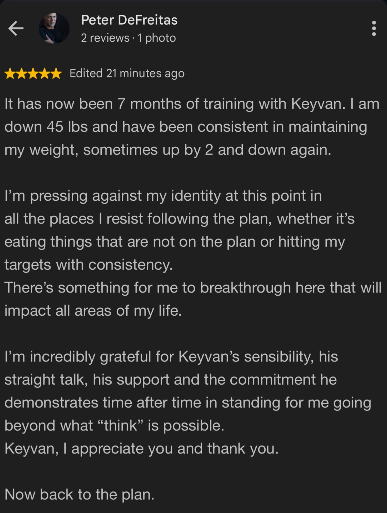 Client message about training with Keyvan Billou at Hammer Fitness
