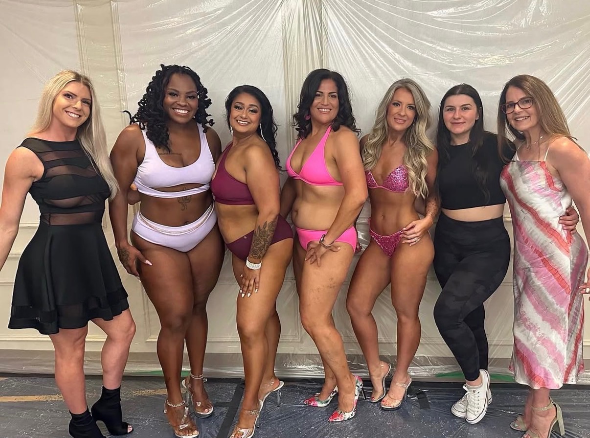 Lexie Ward with an athlete she prepped, backstage on show day