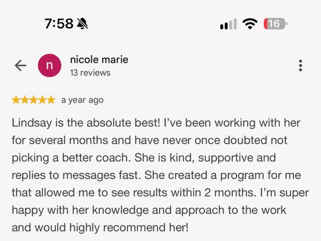 Client message about coaching with Lindsay Martens at Hammer Fitness