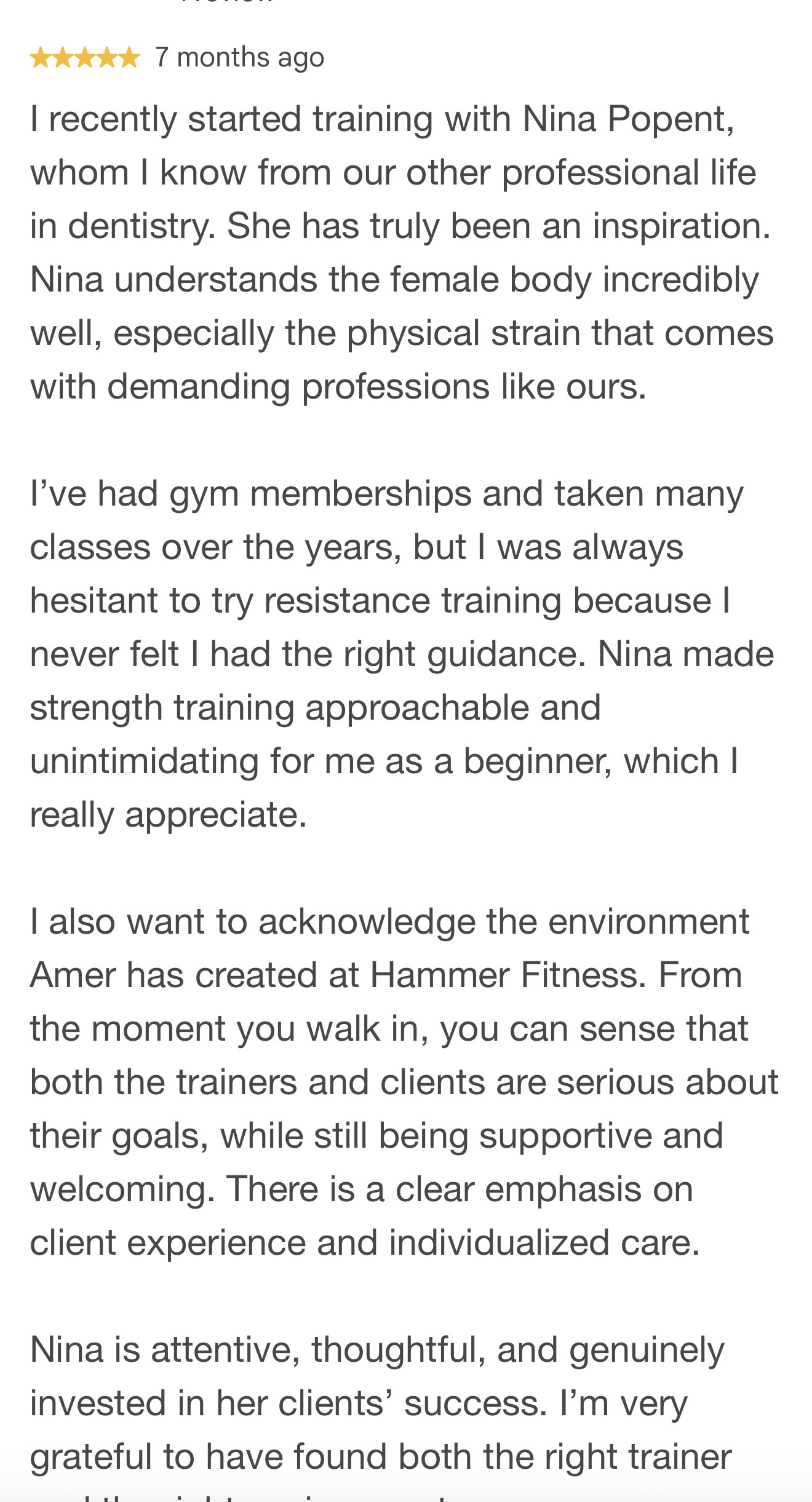 Client message about resistance training with Geanina Popent at Hammer Fitness