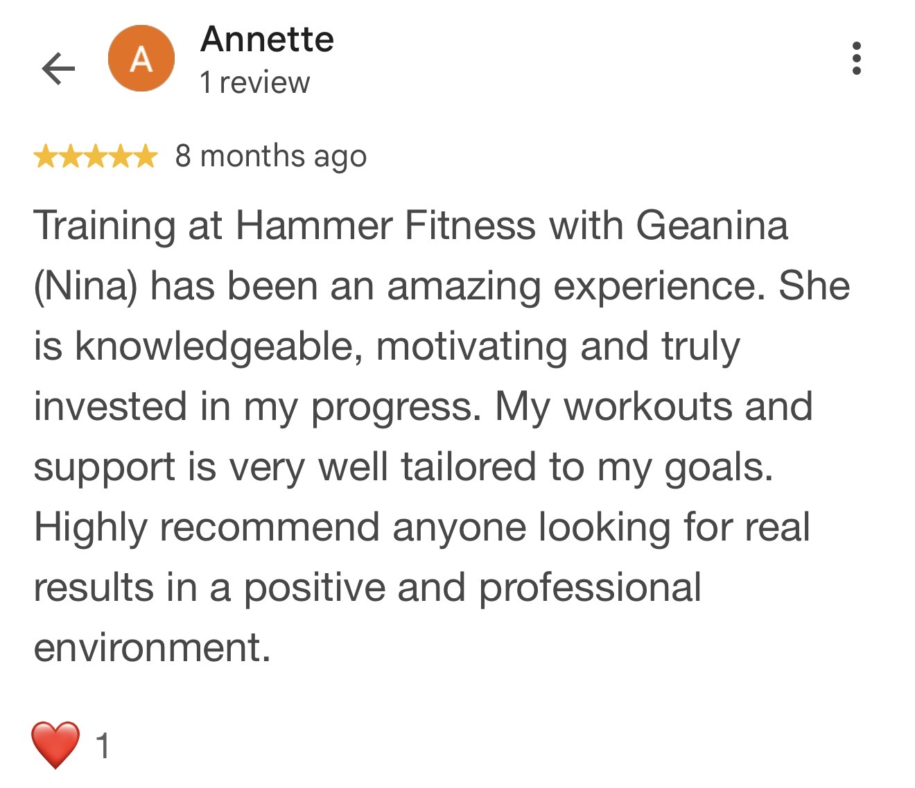 Message from a woman coached by Geanina Popent at Hammer Fitness, Scarborough