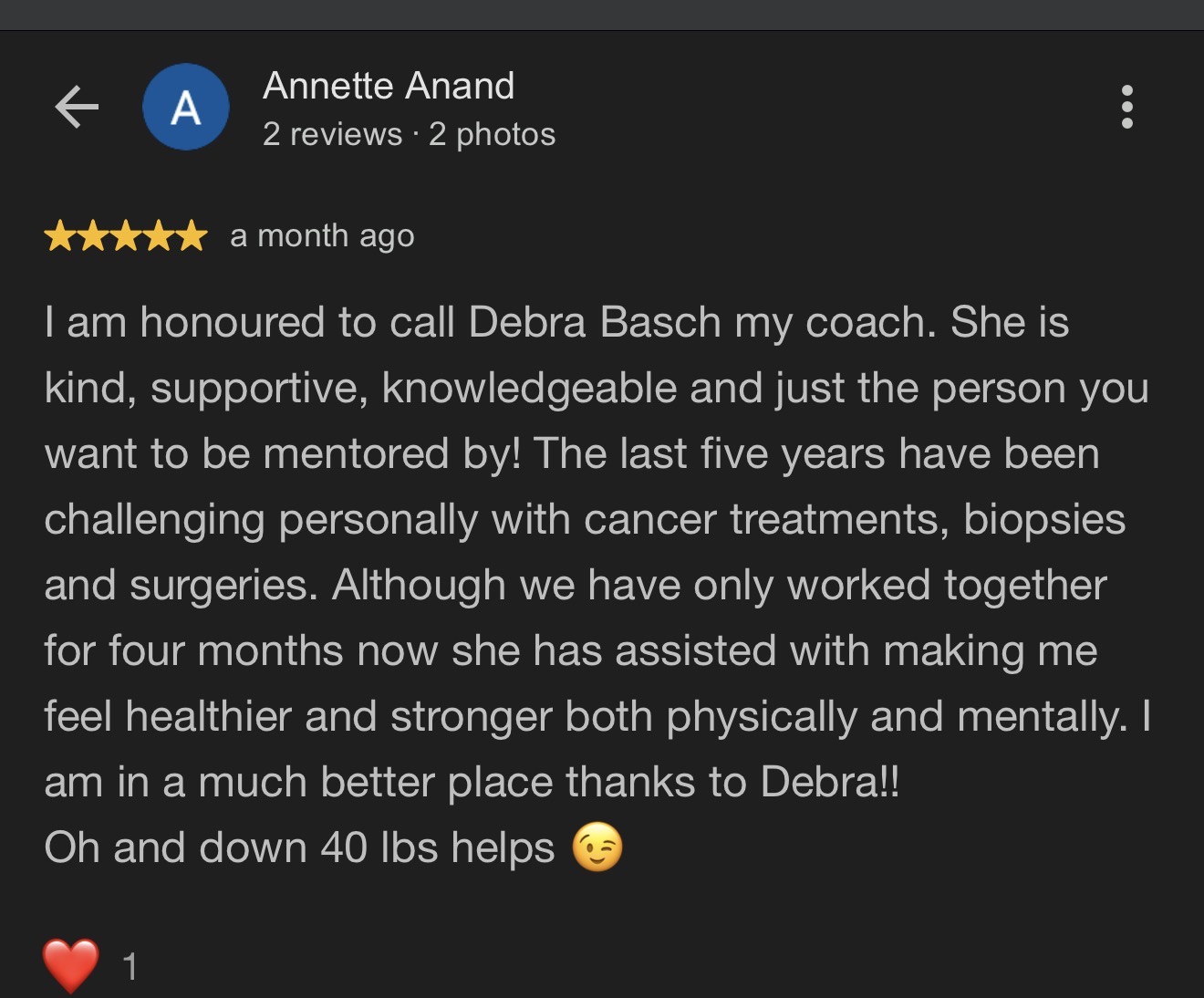 Client testimonial message for Debra Basch, body composition coach at Hammer Fitness in Scarborough, Toronto
