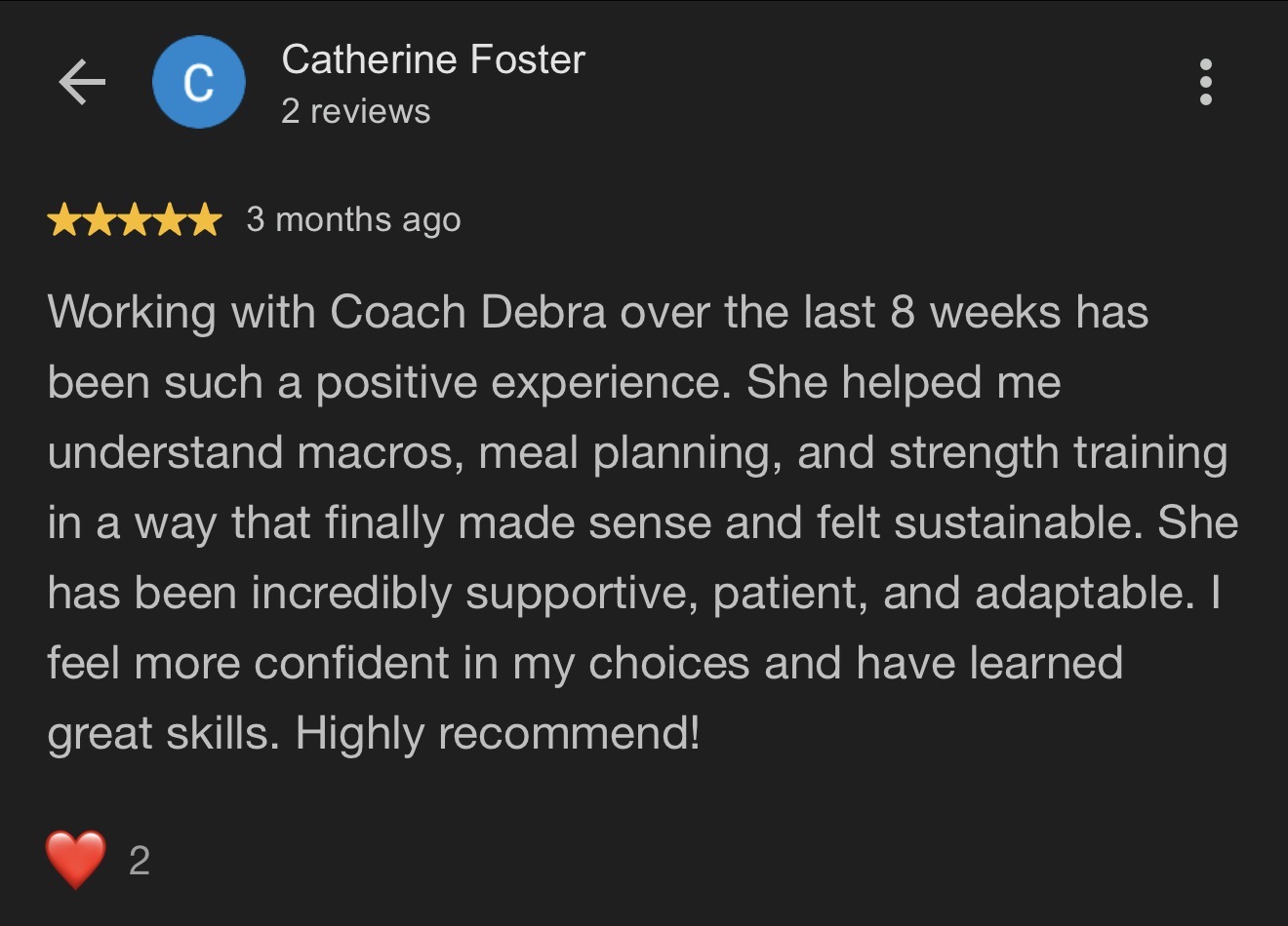 Message from a client about training with Debra Basch at Hammer Fitness, Toronto