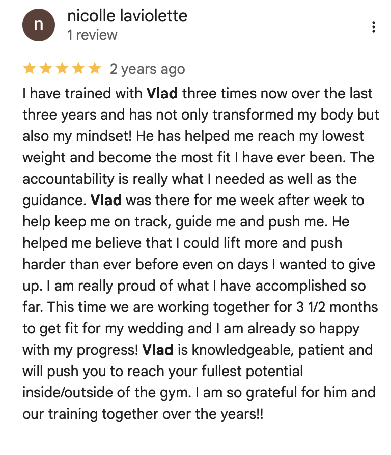 Google review naming Vlad Krymov as coach at Hammer Fitness, Scarborough