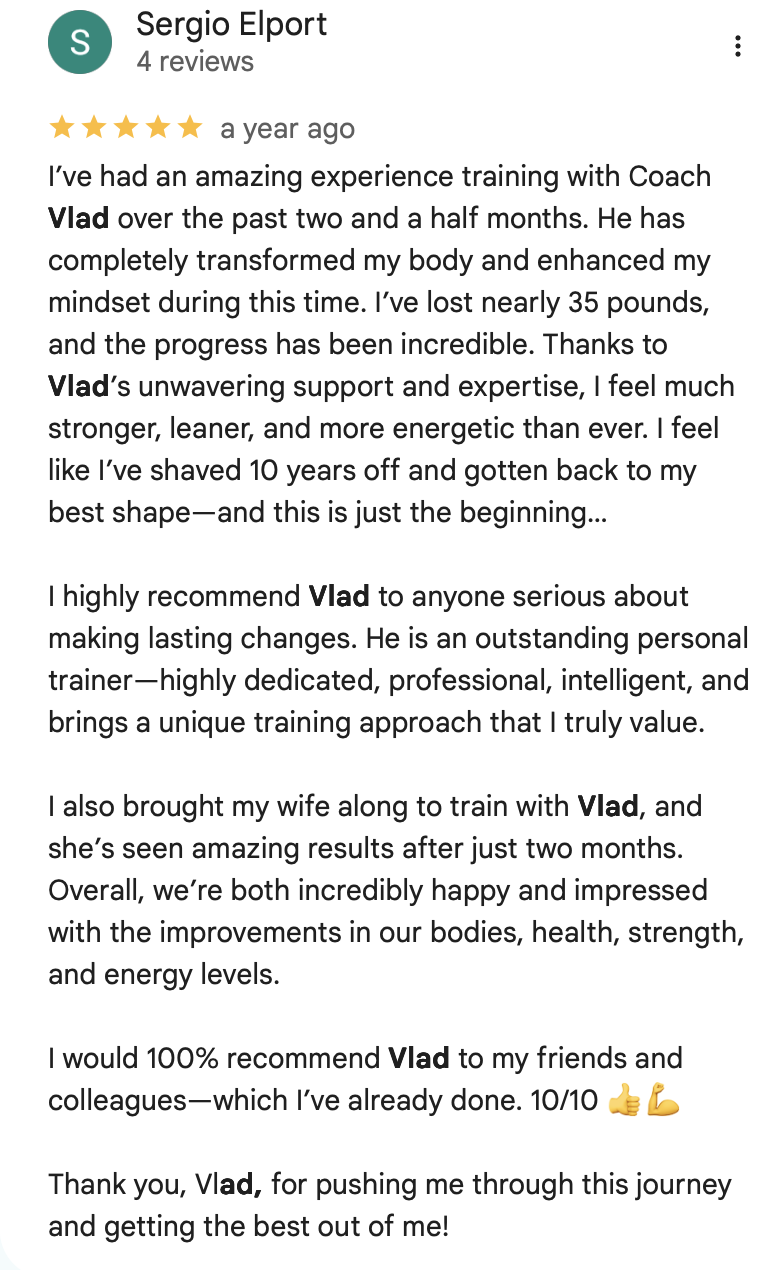 Client testimonial for Vlad Krymov, personal trainer at Hammer Fitness Toronto