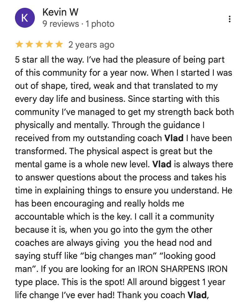 Message from a client coached by Vlad Krymov at Hammer Fitness