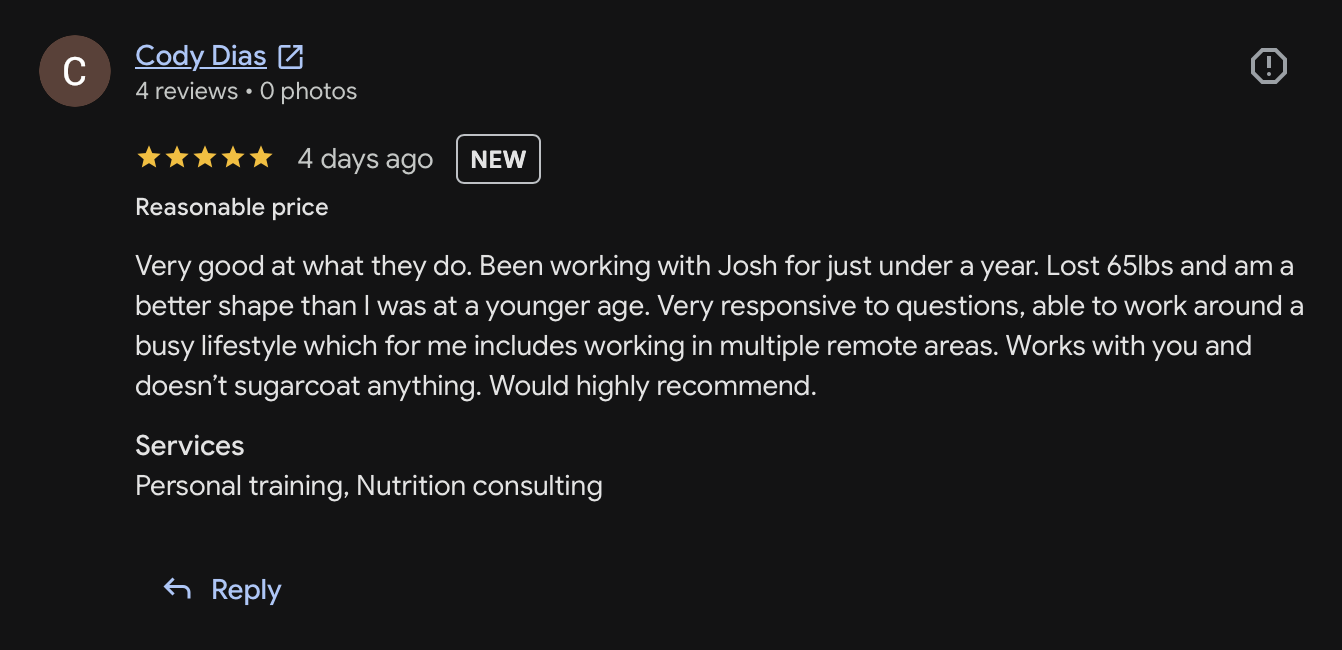 Client review of Josh Cooperband, body composition coach at Hammer Fitness Toronto