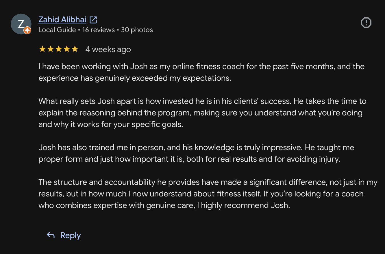 Client feedback on Josh Cooperband's transformation coaching in Toronto