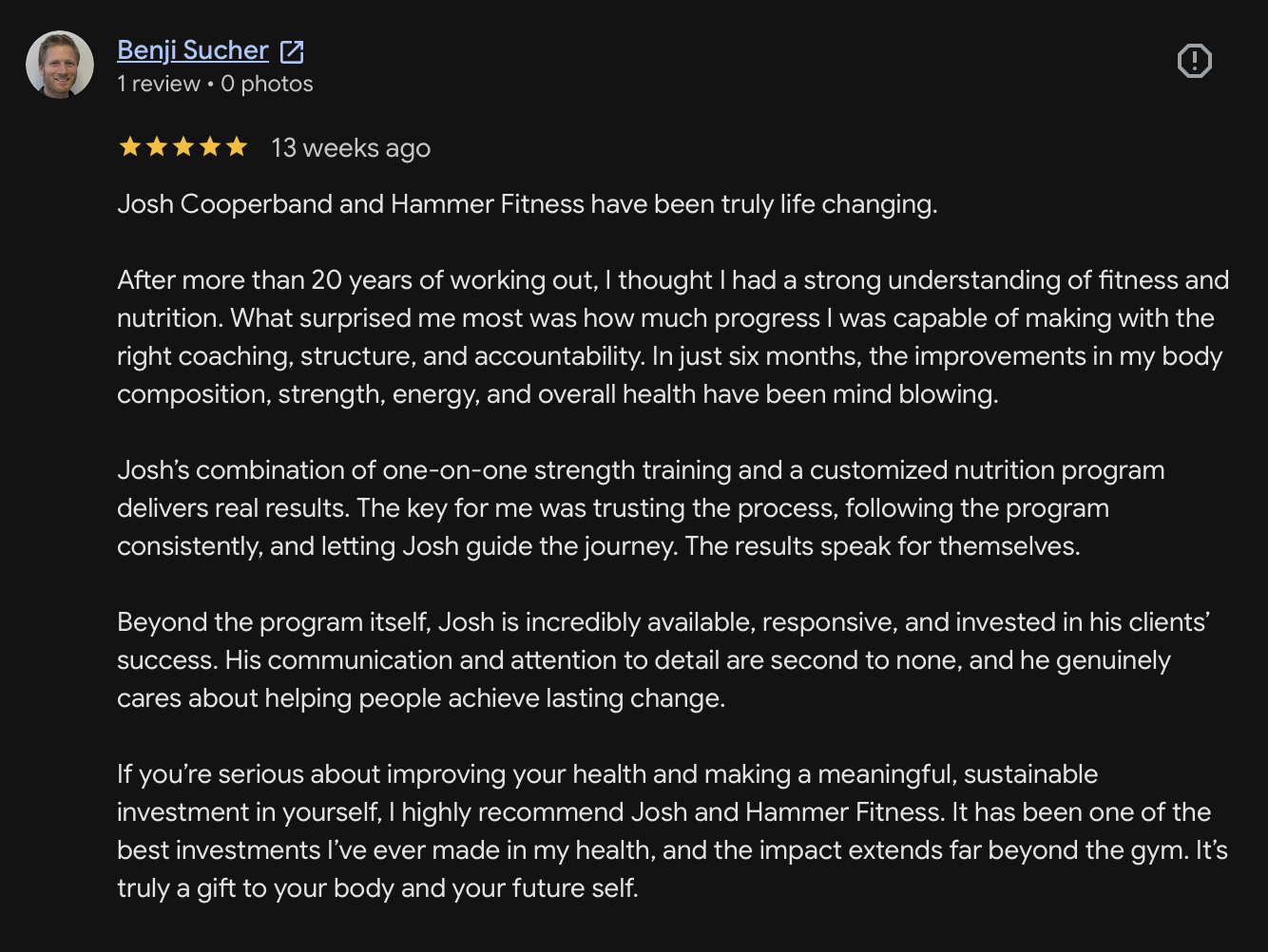 Message from a client coached by Josh Cooperband at Hammer Fitness, Scarborough