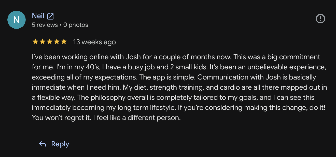 Client message about coaching with Josh Cooperband at Hammer Fitness