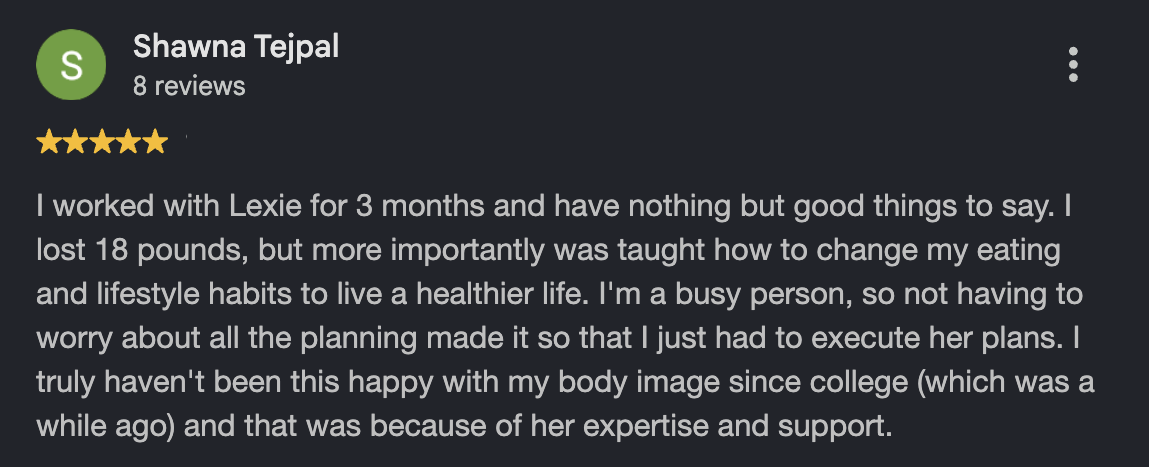 Client review of Lexie Ward, gut health and women's transformation coach