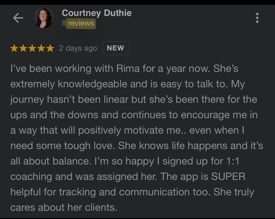 Client testimonial for Rima Kamra, women's fitness coach