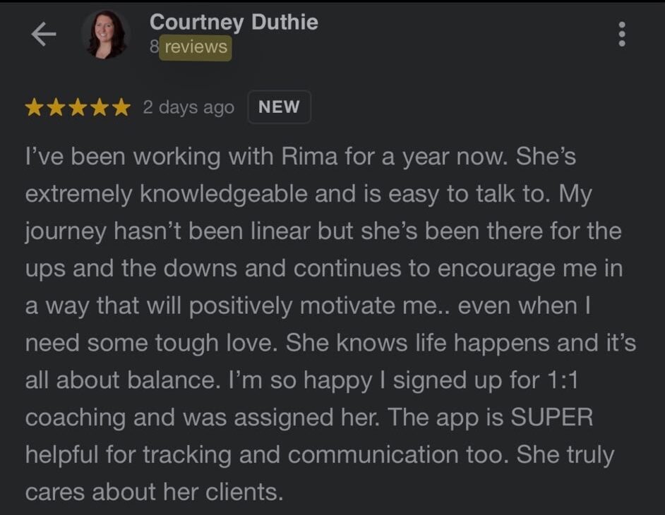 Client testimonial for Rima Kamra, women's fitness coach