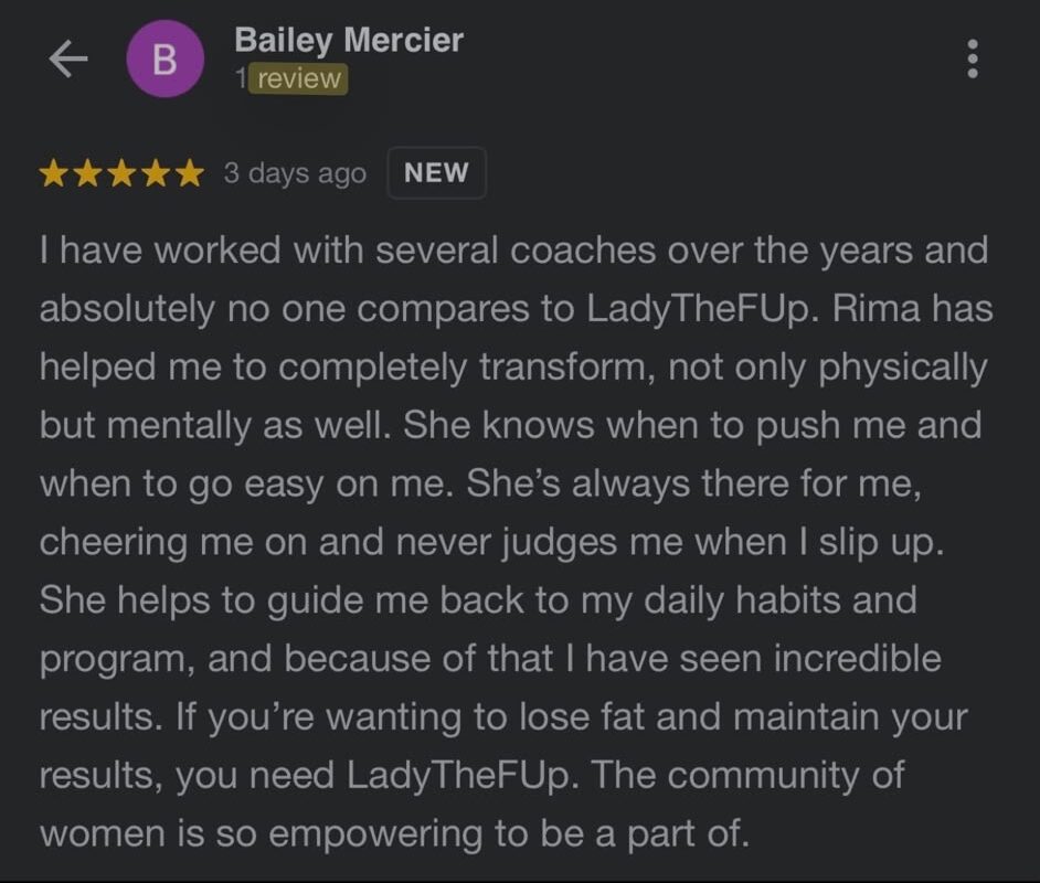 Client testimonial for Rima Kamra, women's fitness coach