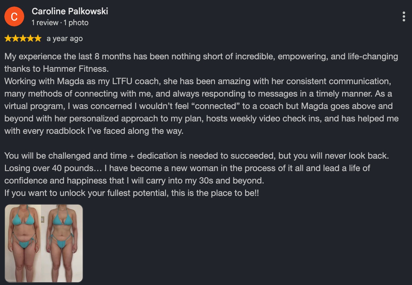 Five-star Google review naming Magda Banas as coach at Hammer Fitness, Toronto