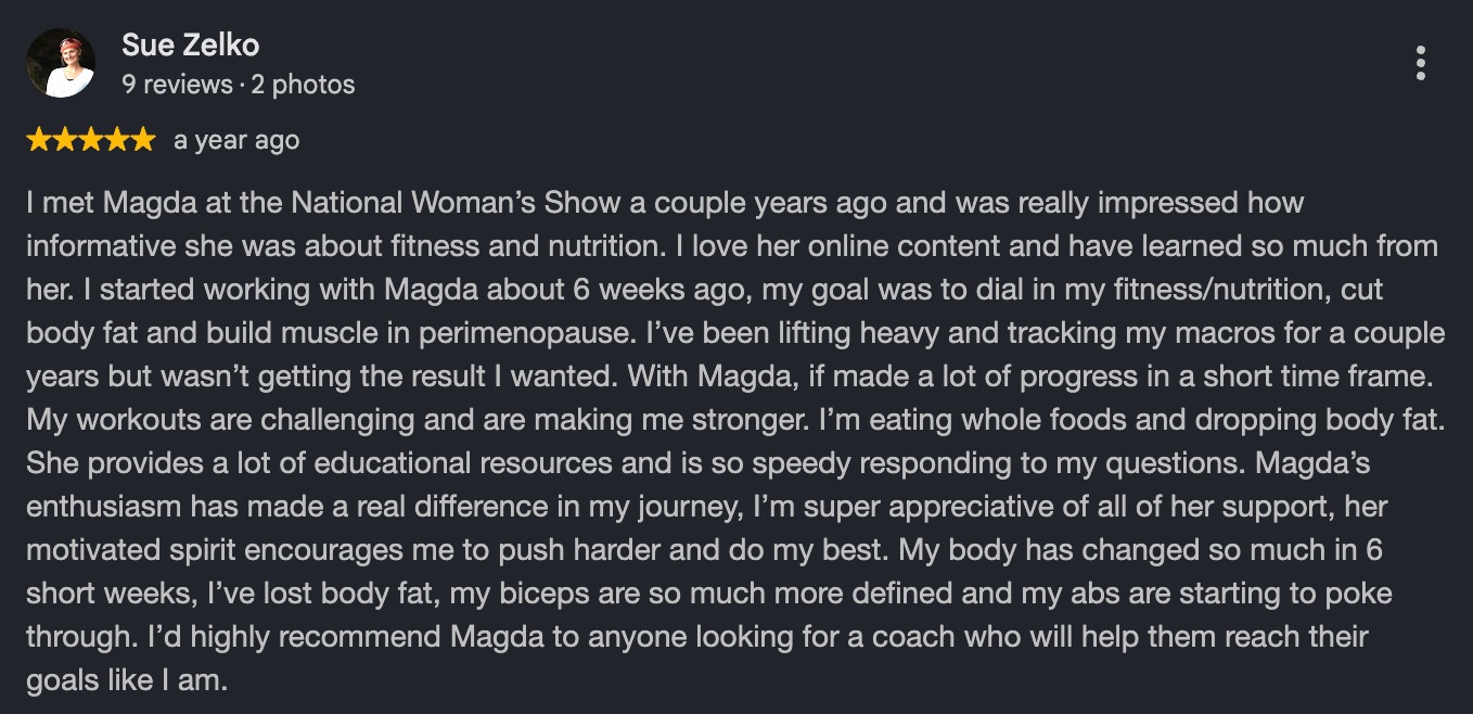 Google review from a client coached by Magda Banas at Hammer Fitness, Scarborough
