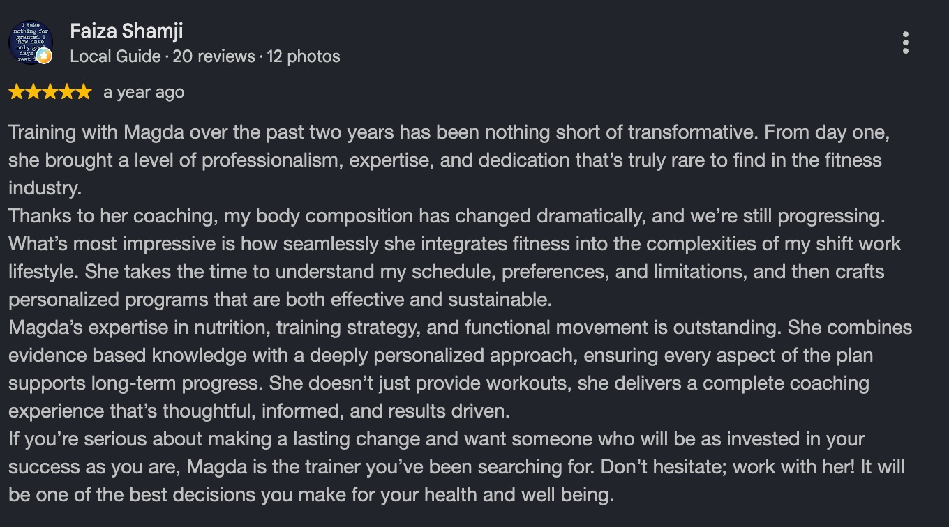 Five-star Google review of Magda Banas, body transformation coach in Toronto