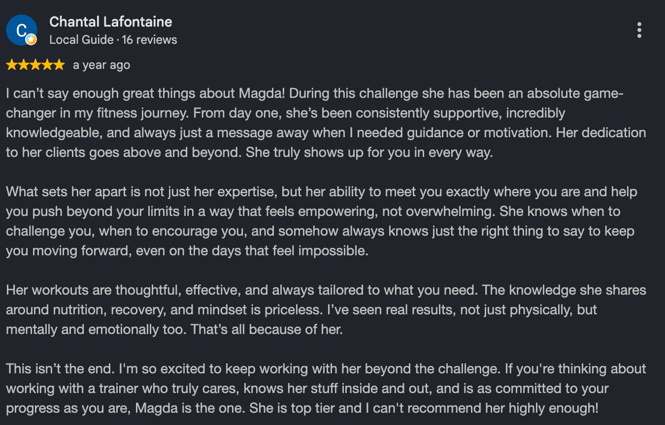 Client Google review praising Magda Banas' nutrition and training coaching at Hammer Fitness