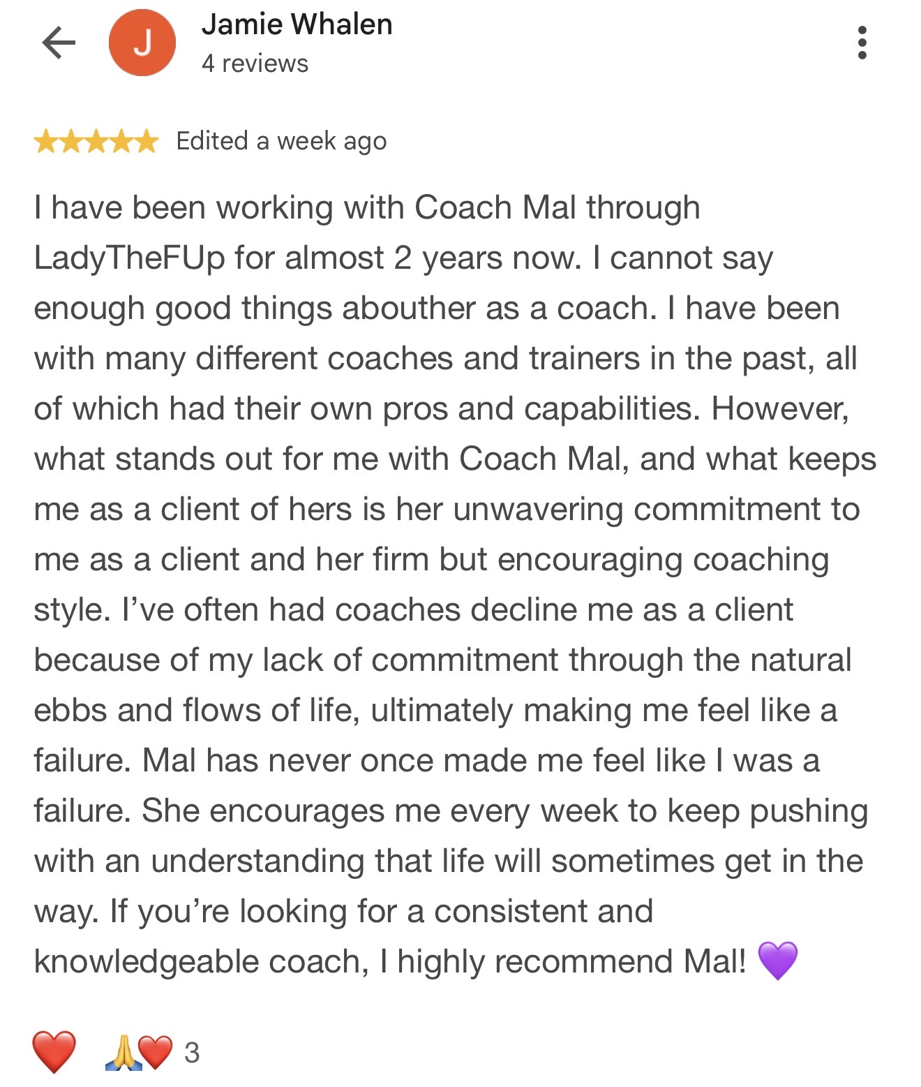Client testimonial for Malvina Mana, coach at Hammer Fitness