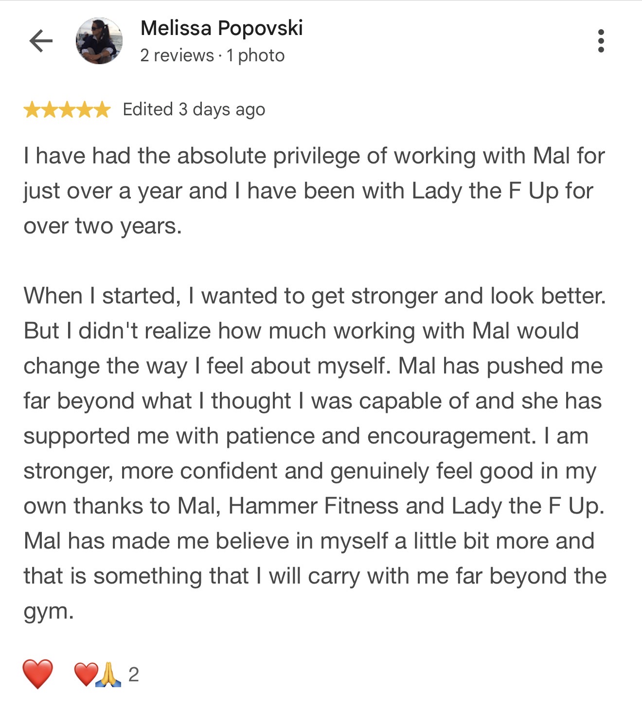 Client testimonial for Malvina Mana, coach at Hammer Fitness