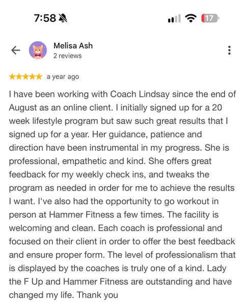 Client feedback on Lindsay Martens' coaching at Hammer Fitness, Scarborough