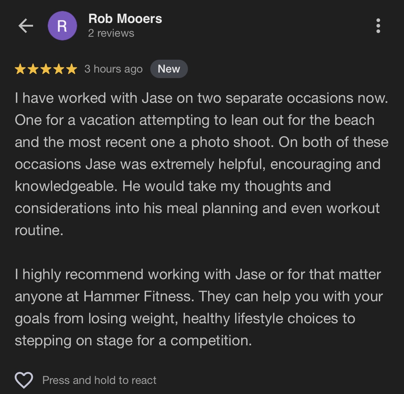 Client review of Jase Stevens, body composition coach at Hammer Fitness Toronto