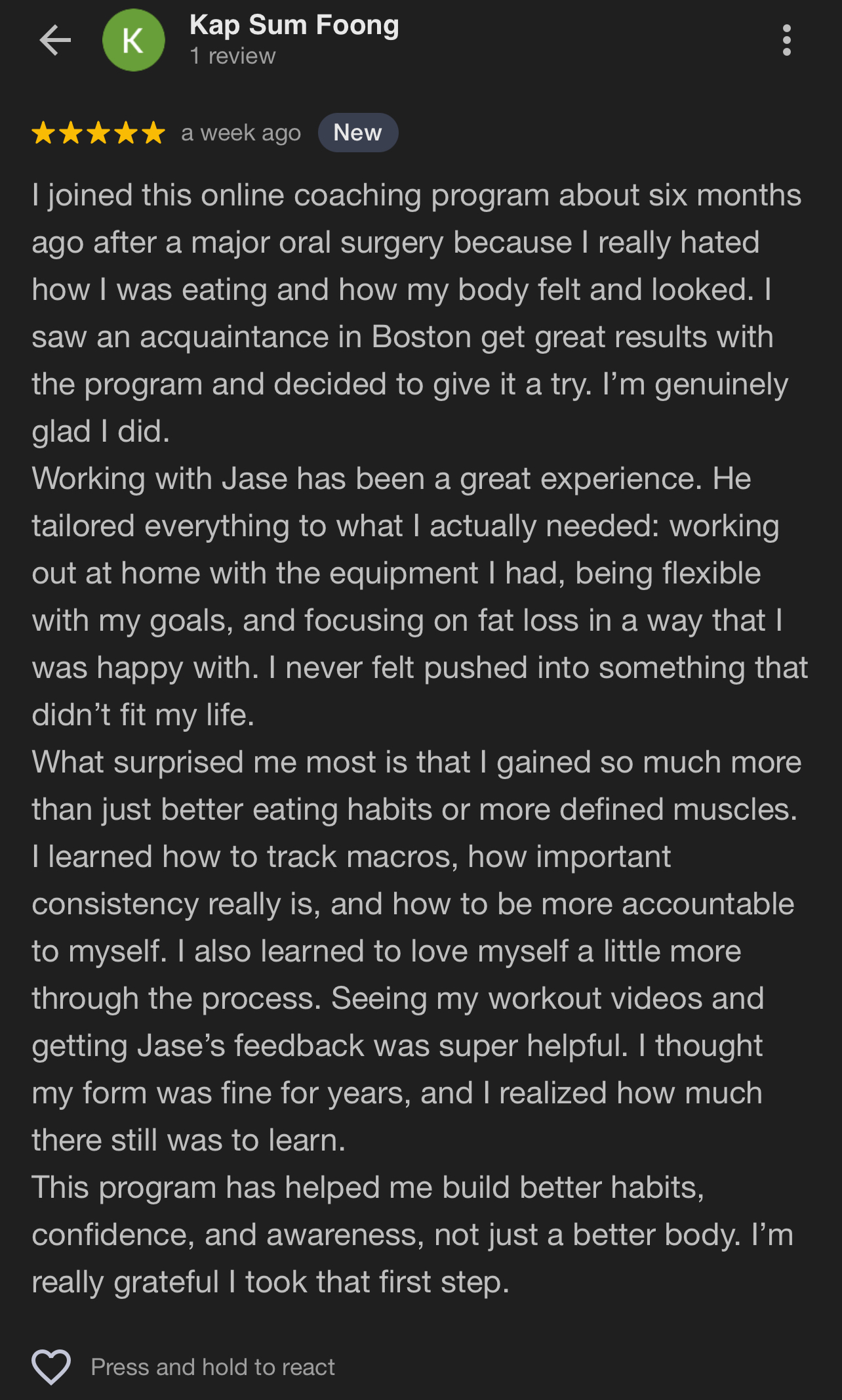 Client message about training with Jase Stevens at Hammer Fitness